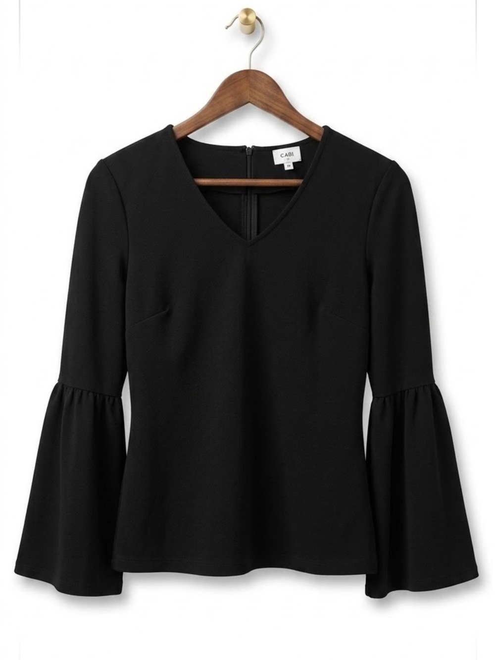 Cabi Its A Party Black Bell Sleeve V-Neck Top Back Exposed Zip XS #3500